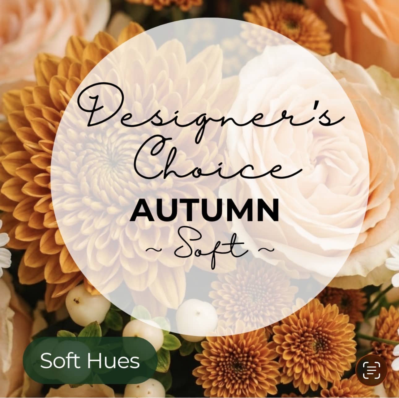 Autumn floral arrangement with orange and cream blooms and a text overlay