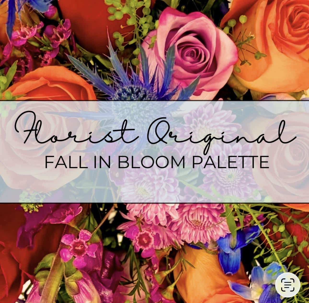 Colorful floral arrangement with roses and chrysanthemums behind a text banner