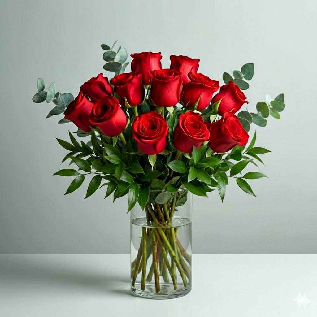 Timeless Romance Red Roses - Timeless Romance Red Roses  Express your deepest affection with a classic bouquet of twelve long-stemmed red roses. This timeless symbol of love is the perfect way to celebrate Valentine’s Day, an anniversary, or any special occasion. Each velvety rose is a testament to your passion and devotion.  Our expert florists carefully select and arrange these exquisite blooms to create a stunning centerpiece that will leave a lasting impression. Whether you choose to surprise your loved one or celebrate your enduring bond, this elegant arrangement is a heartfelt expression of your love.  Standard - 12 Red Roses