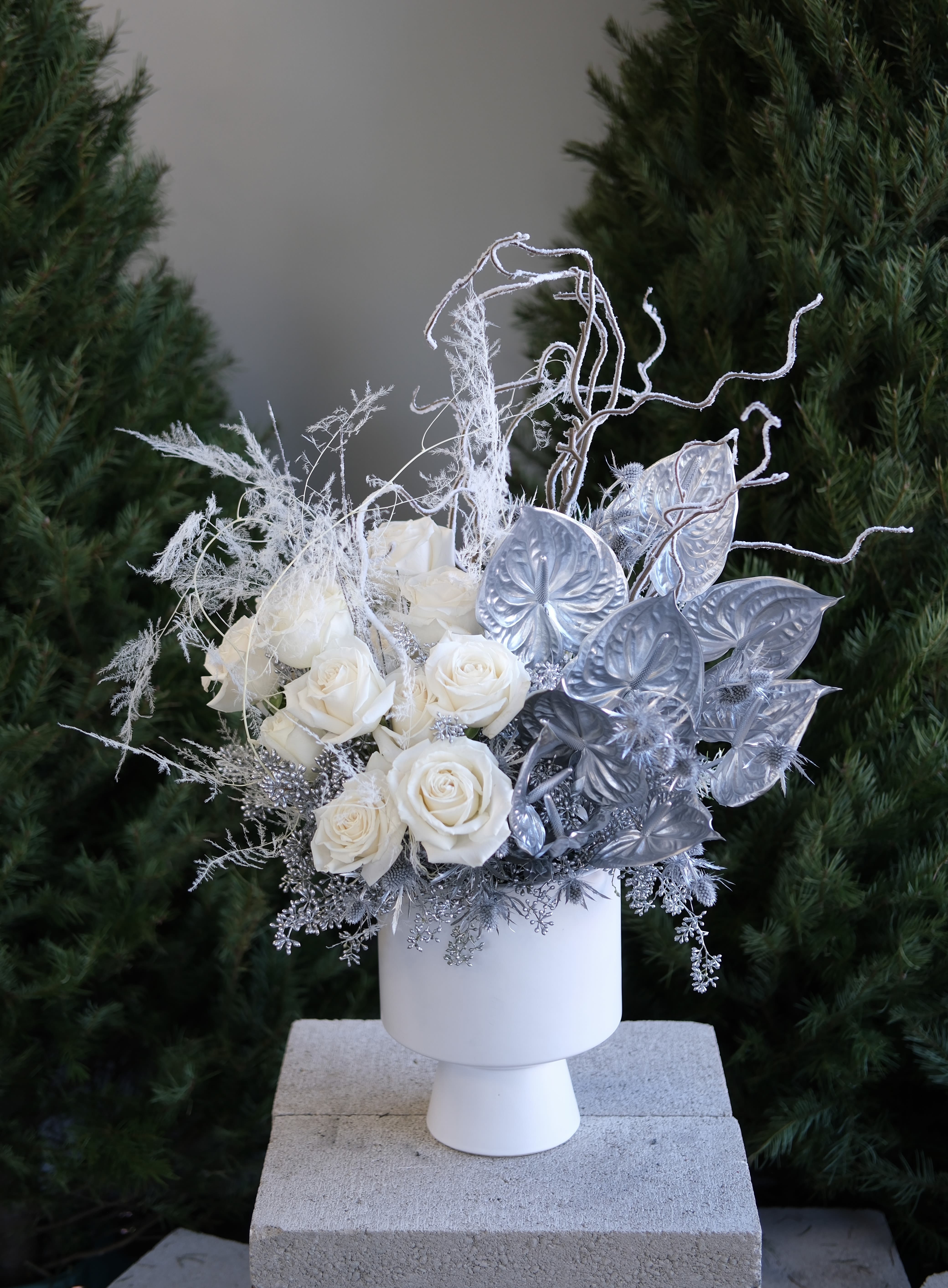 White roses in a white pedestal vase with silver decorative foliage