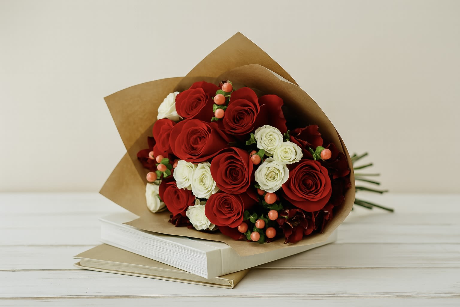 Bouquet of red and white roses wrapped in brown paper
