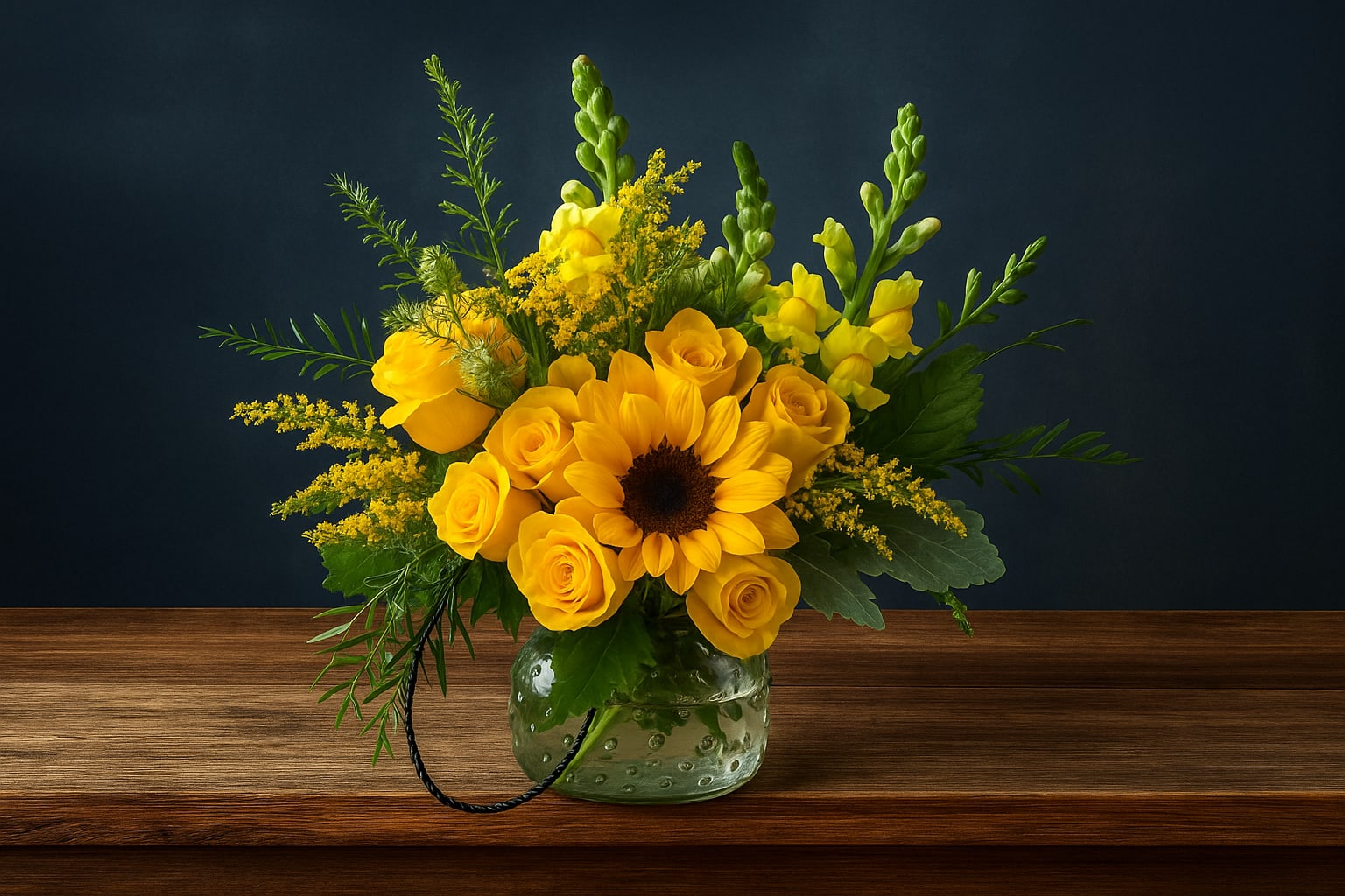 A Sweet Smile - FB - Brighten Someone’s Day with the Sweet Smile Bouquet – Send a burst of sunshine to a friend who’s feeling down or surprise a loved one just to show you care. This cheerful yellow flower arrangement is perfect for birthdays, get-well wishes, congratulations, or simply “thinking of you.” Presented in a stylish clear Ginger vase with a black handle, the bouquet features radiant yellow roses, charming yellow spray roses, vibrant yellow snapdragons, and a striking sunflower, all accented with lush fresh greenery. The Sweet Smile Bouquet is a heartfelt way to lift spirits and make any day brighter.