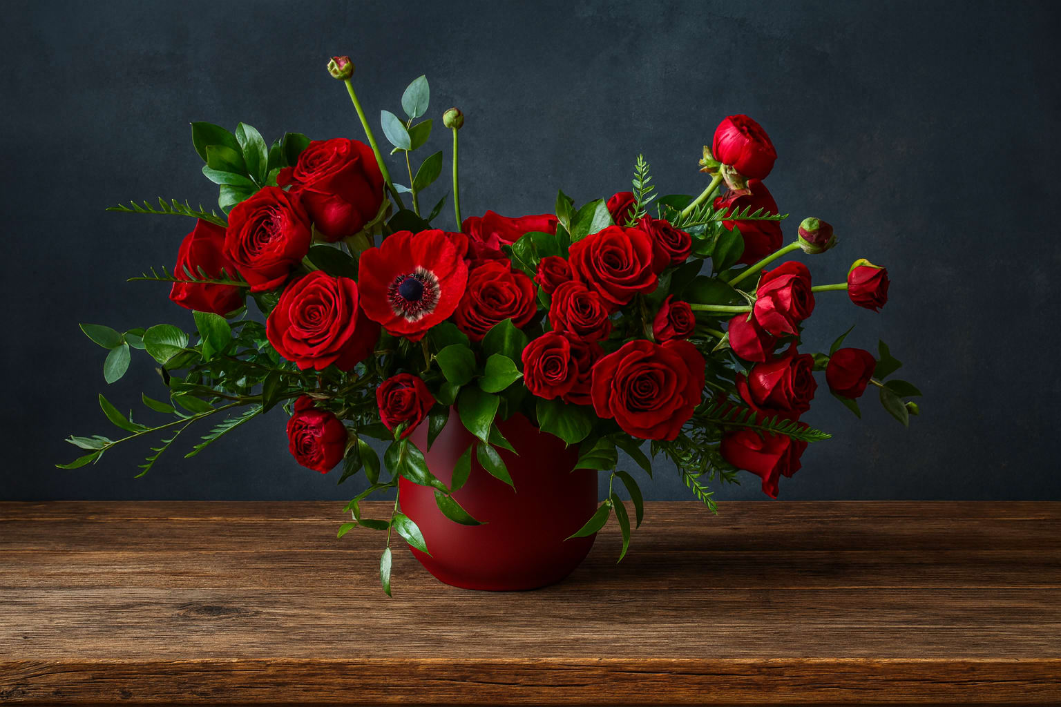 Red roses and a red poppy in a red vase