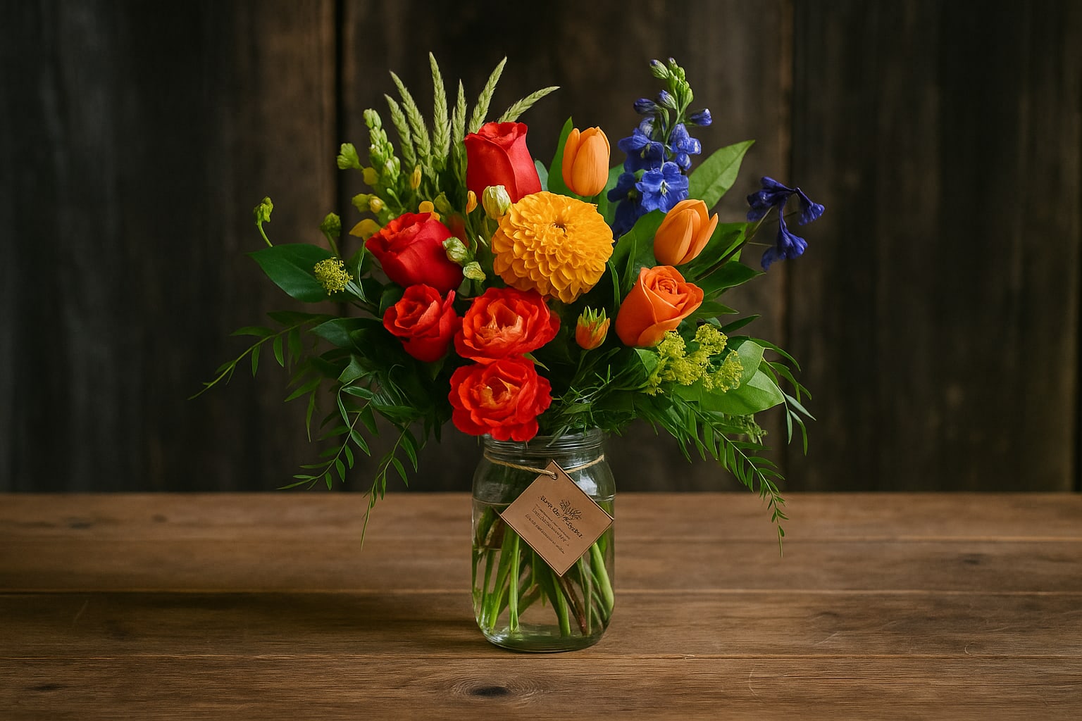 Mixed bouquet of red, orange, yellow, and blue flowers in a glass jar