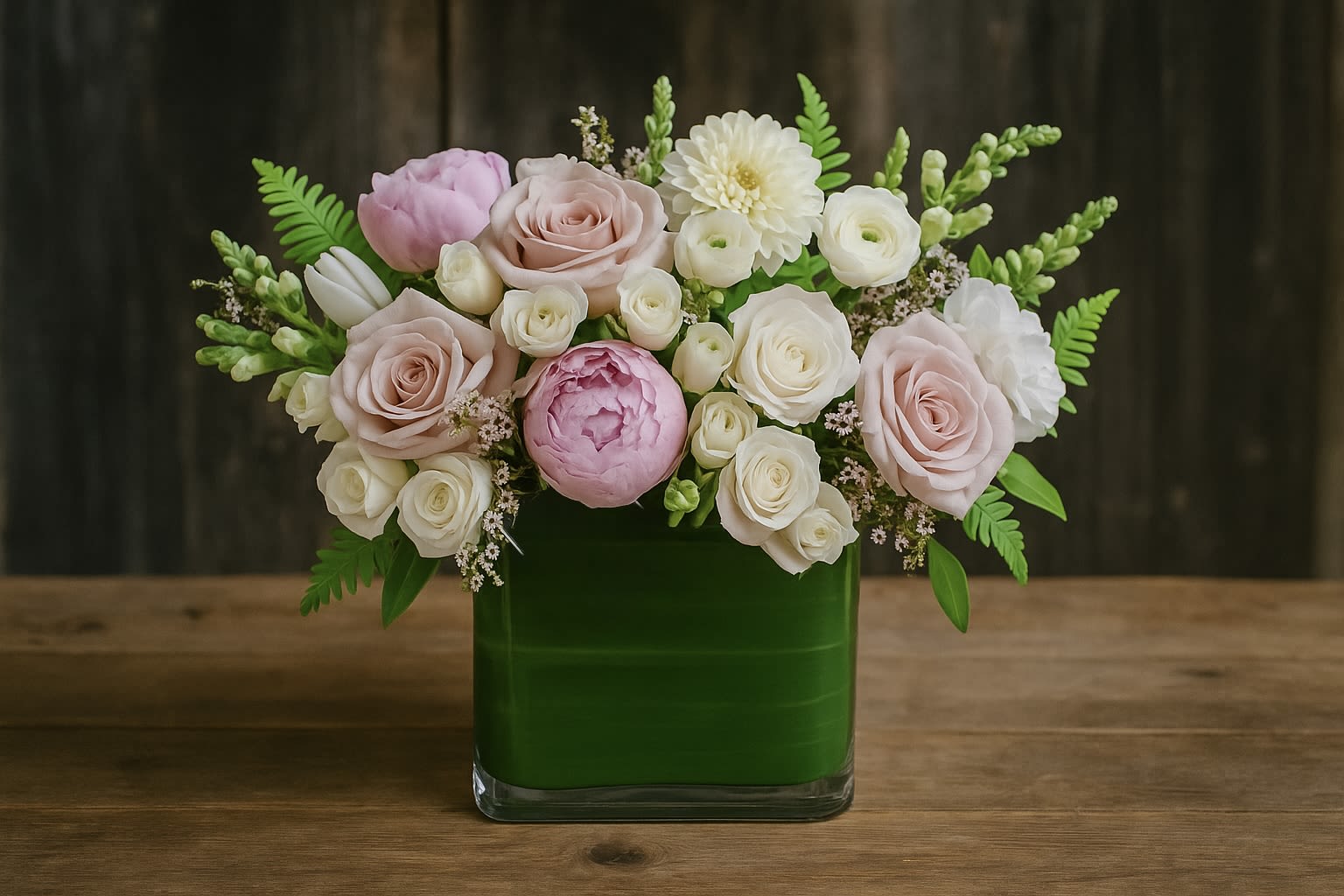 Pink and white roses arranged in a green glass vase