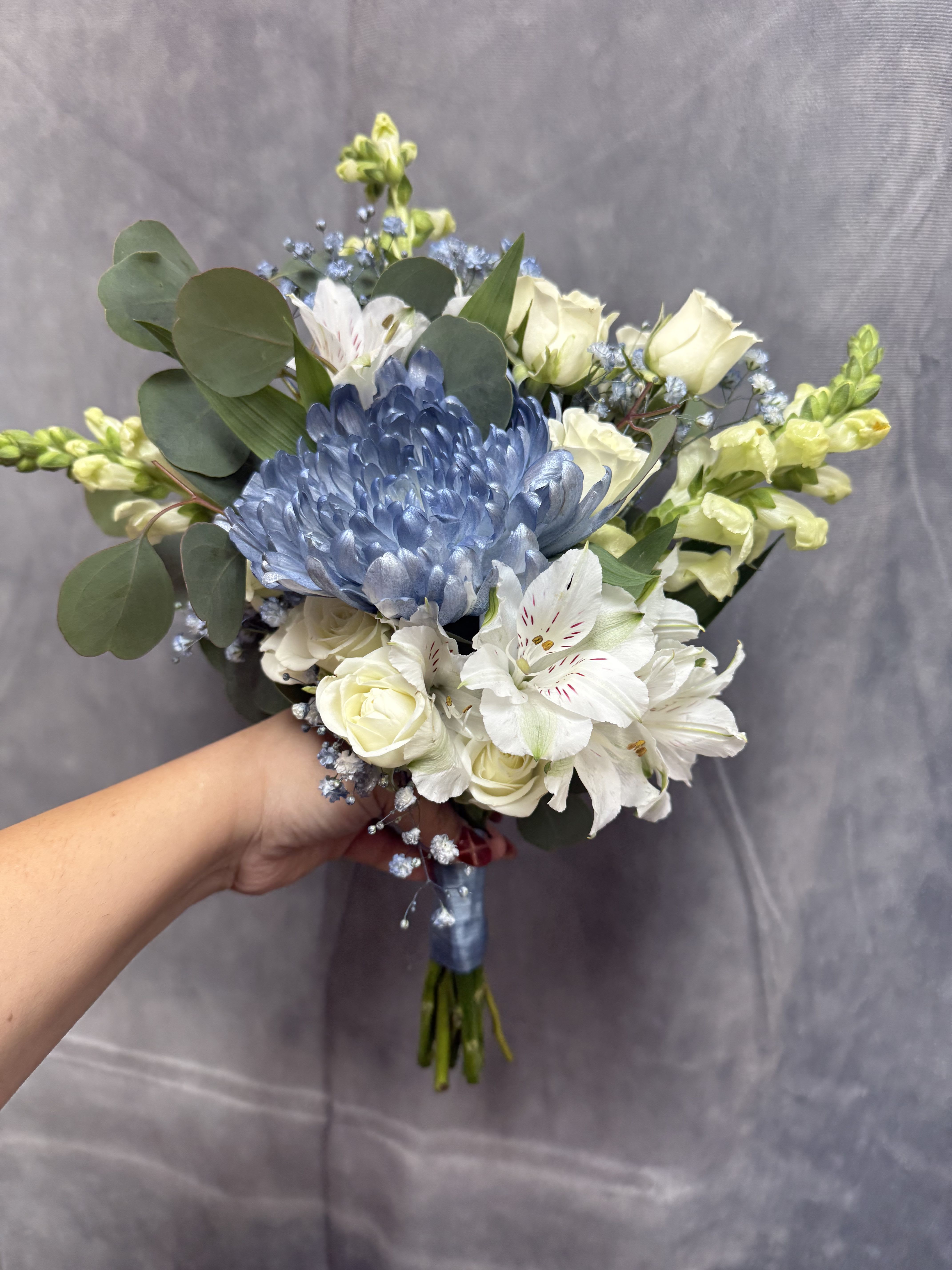 Frosted blooms prom bouquet  - Frosted blue prom bouquet with white snapdragon, Dusty blue mum , whit spray roses &amp; white alstroemeria 