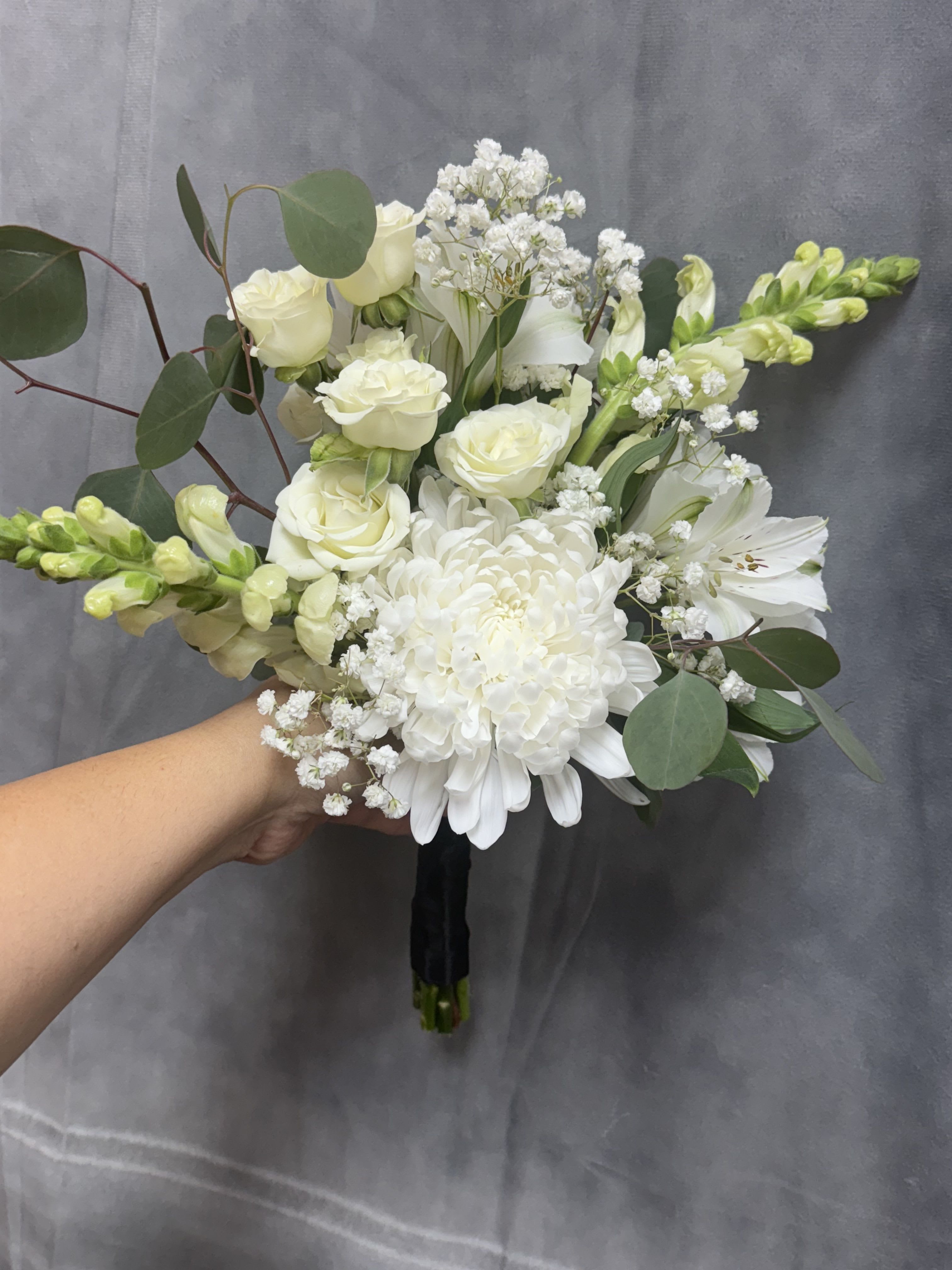 White whisper prom bouquet  - White whisper prom bouquet with white mum , spray rose, white alstroemeria and white snapdragon 