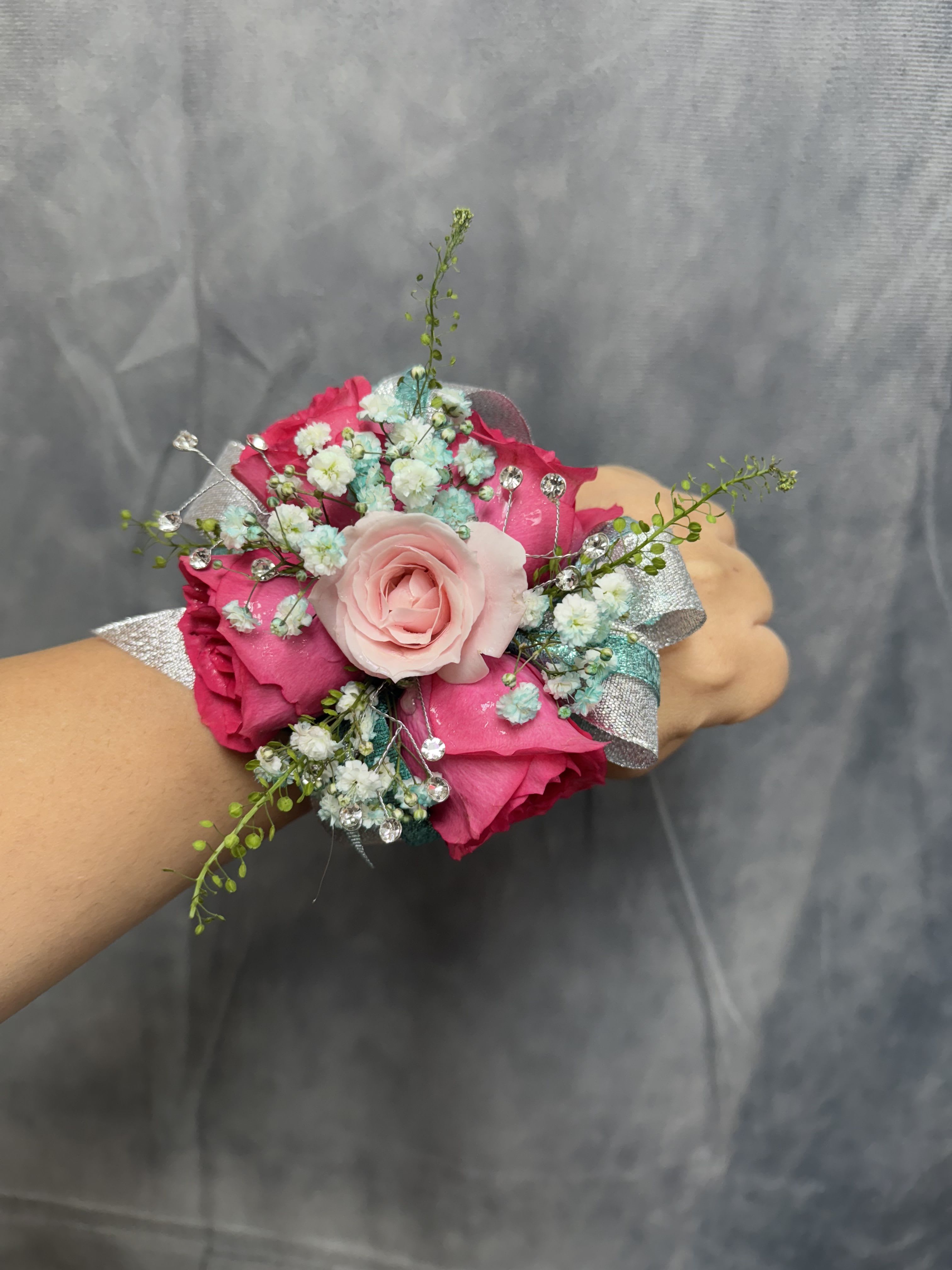 Silver Aqua and shades of pink Corsage  - Mix pink spray roses round corsage with silver and aqua and pearl bracelet 