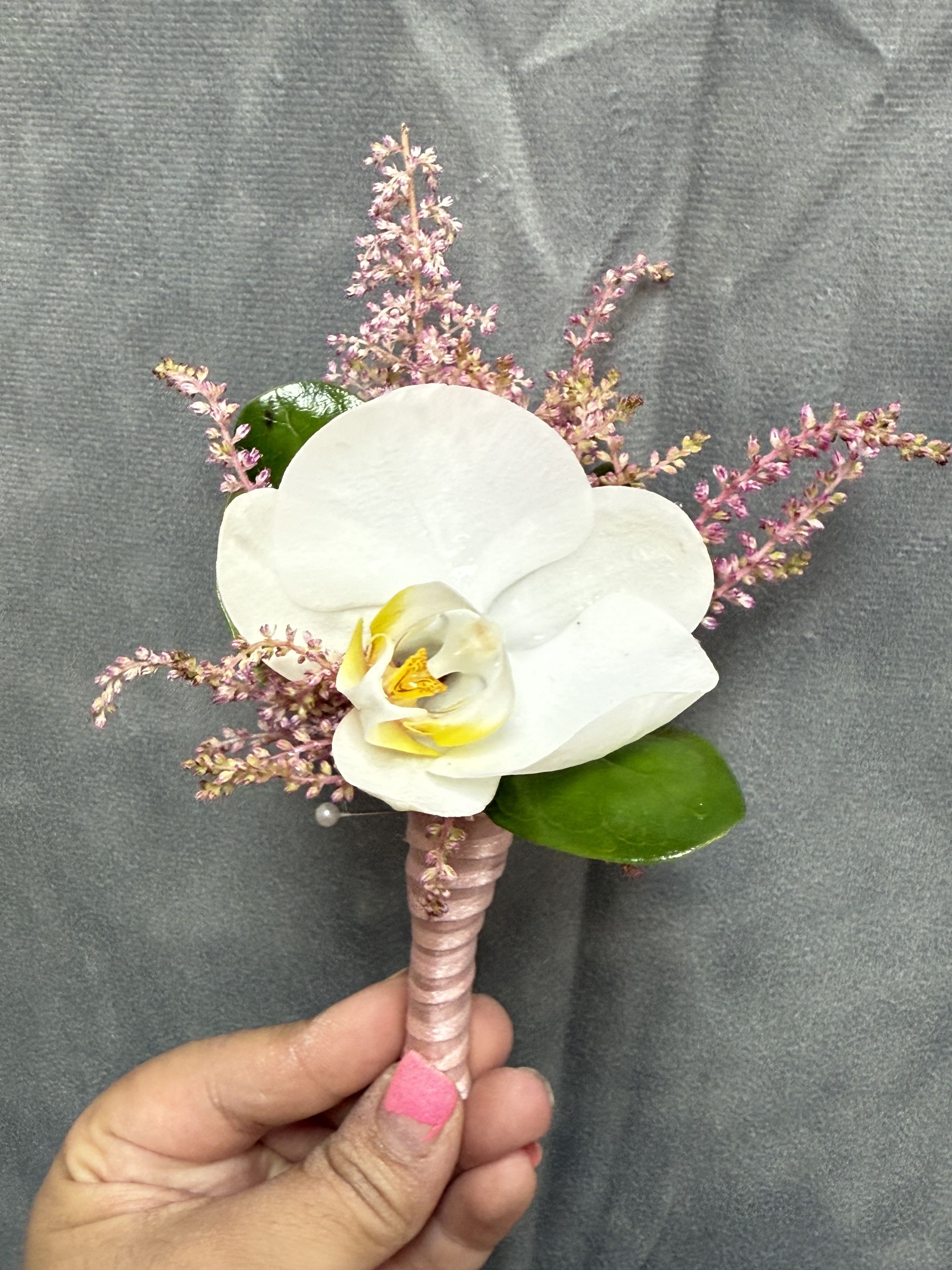 Dusty pink white orchid boutonnière  - White orchid with Dusty pink fillers beautifully wrapped 
