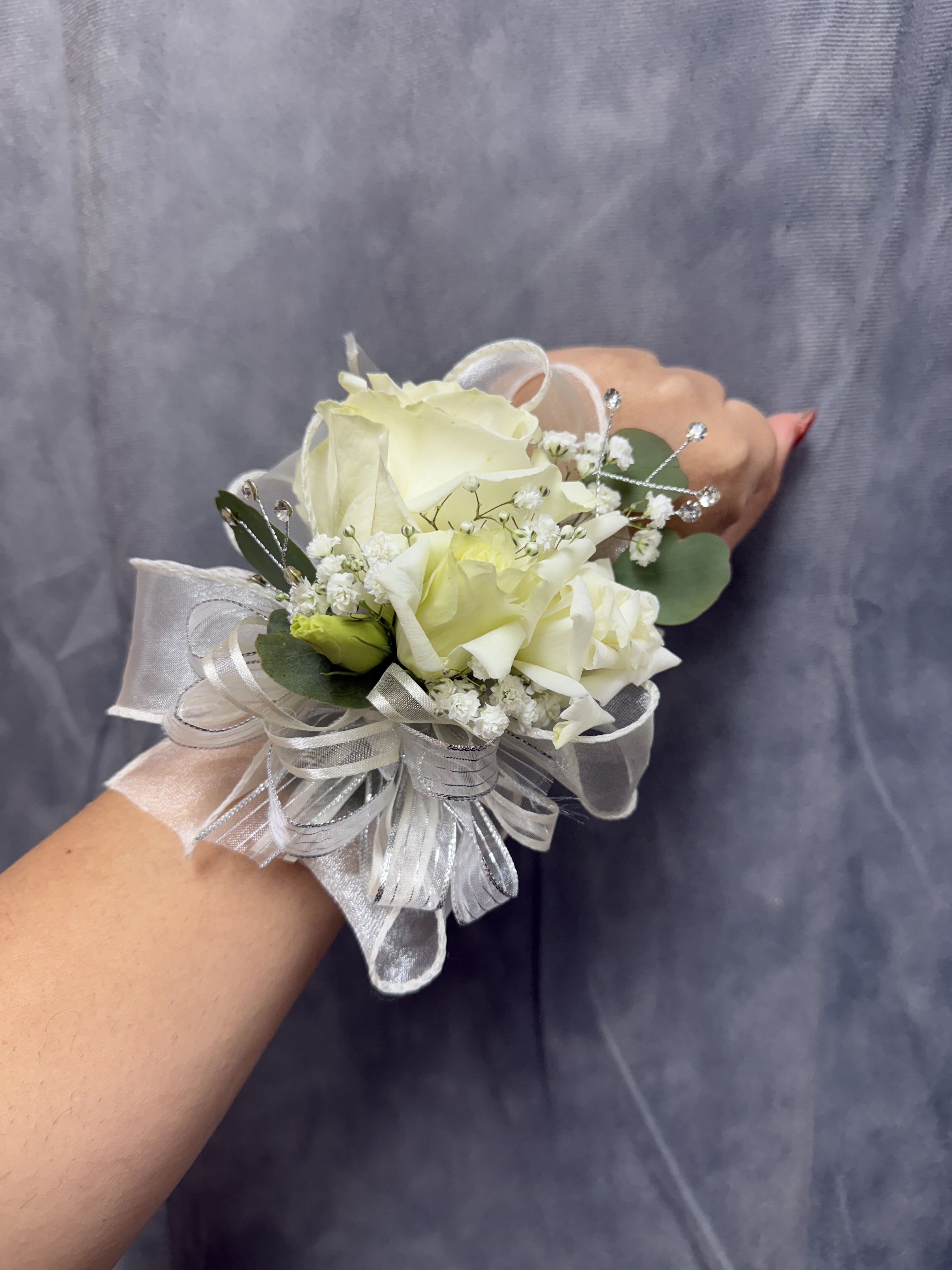 White rose lisianthus corsage - Beautiful wrist corsage with white rose , white lisianthus , whit ribbon and pearl bracelet 
