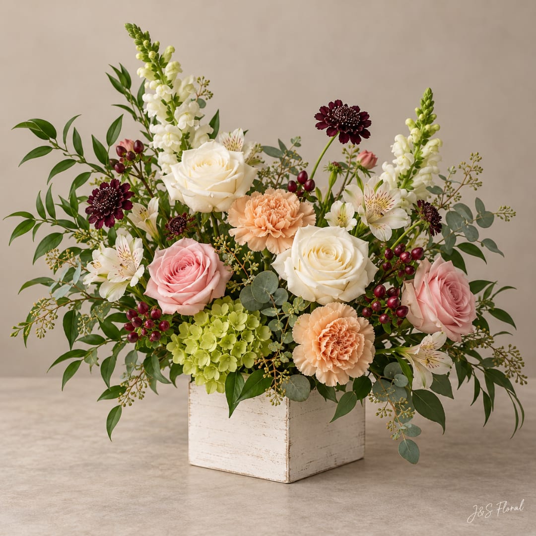 Mixed floral arrangement in a white square vase with roses, carnations, and snapdragons