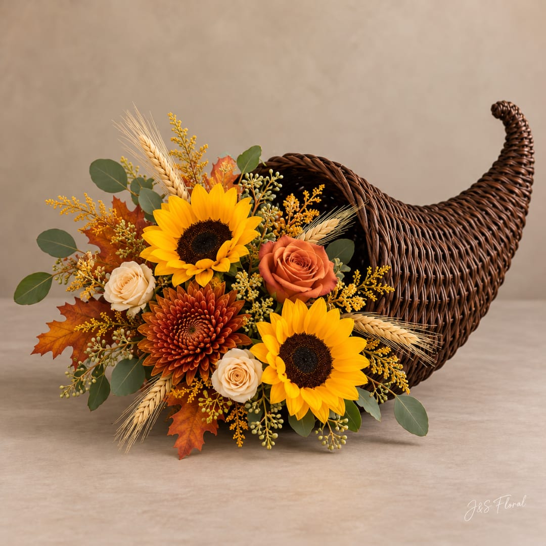 Autumn floral arrangement in a wicker cornucopia with sunflowers and roses