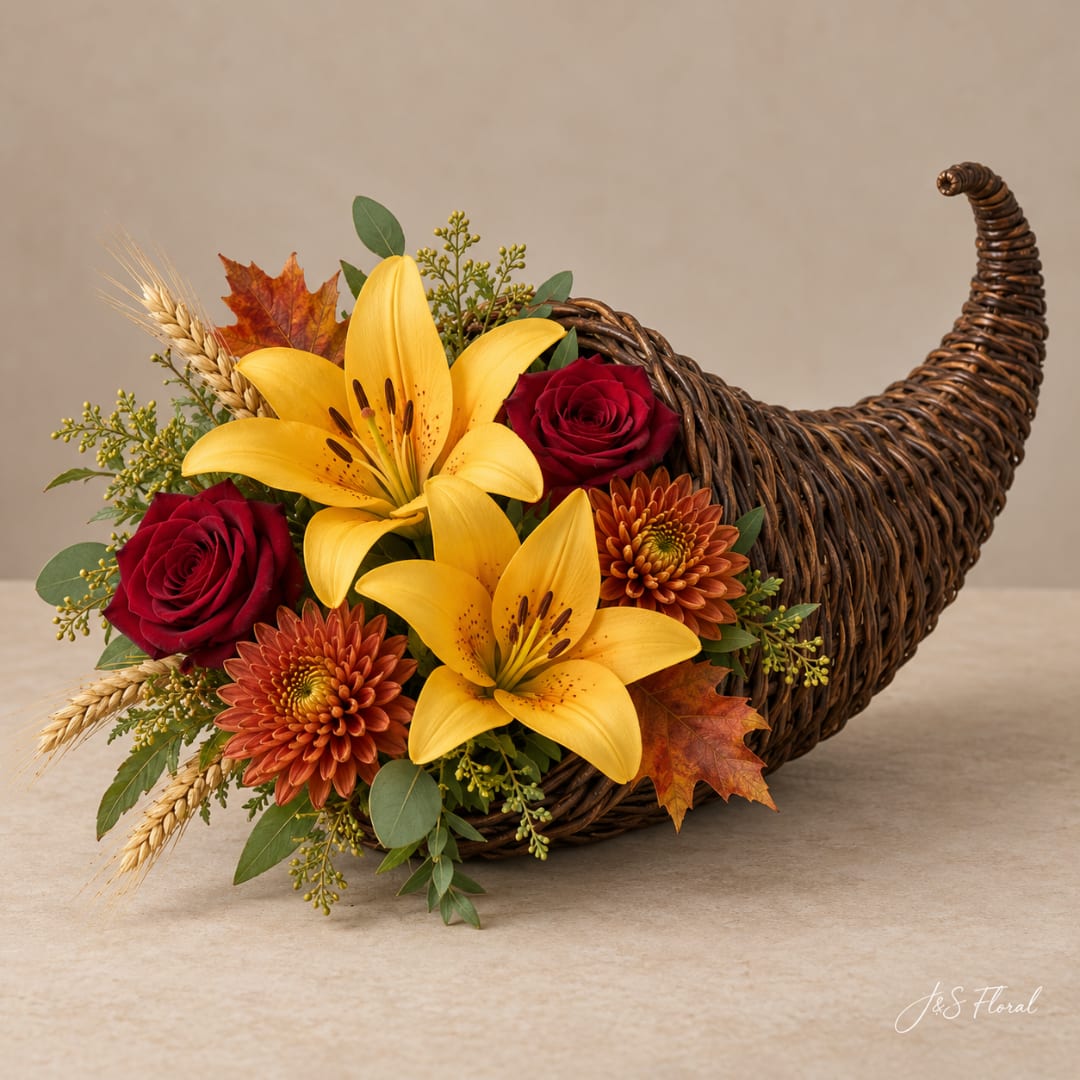 Cornucopia basket with yellow lilies, red roses, and orange mums