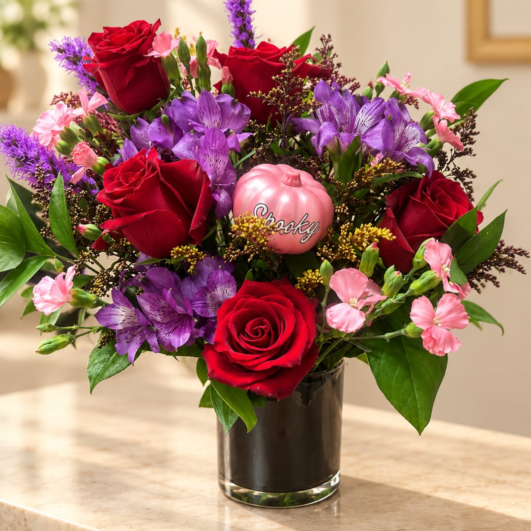 Red roses and purple flowers in a black vase with a pink pumpkin ornament