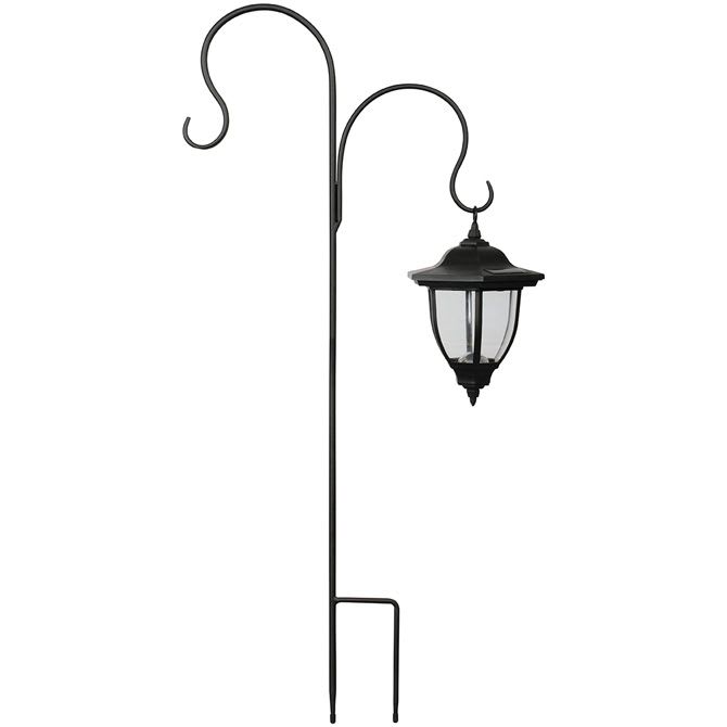 Black metal shepherd's hook with a hanging lantern