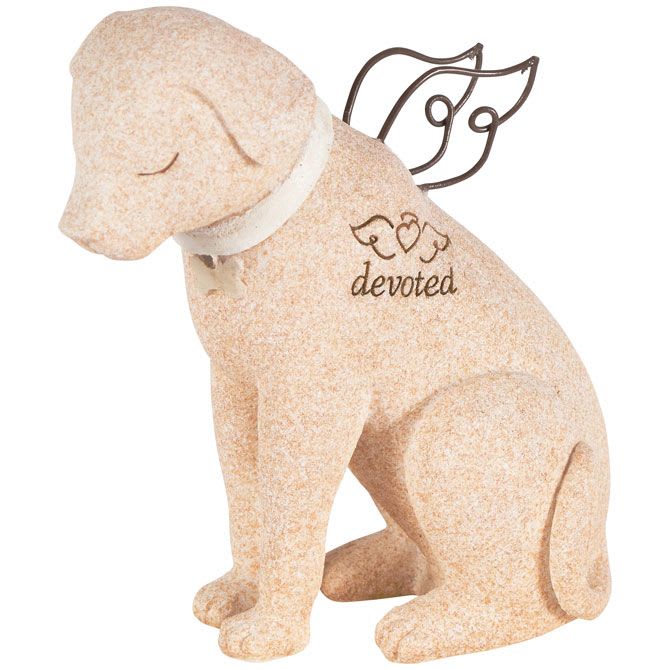 Decorative dog figurine with angel wings and the word devoted
