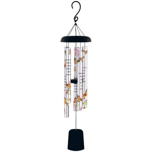 Butterfly-themed wind chime with black top and hanging silver tubes