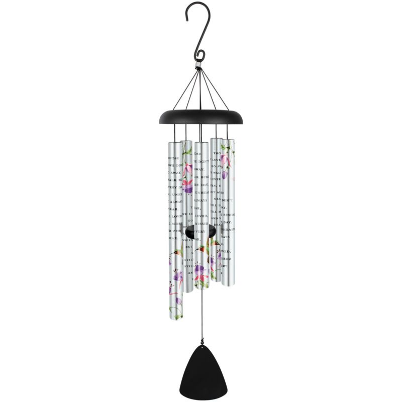 Hanging metal wind chime with floral-printed tubes and a black clapper