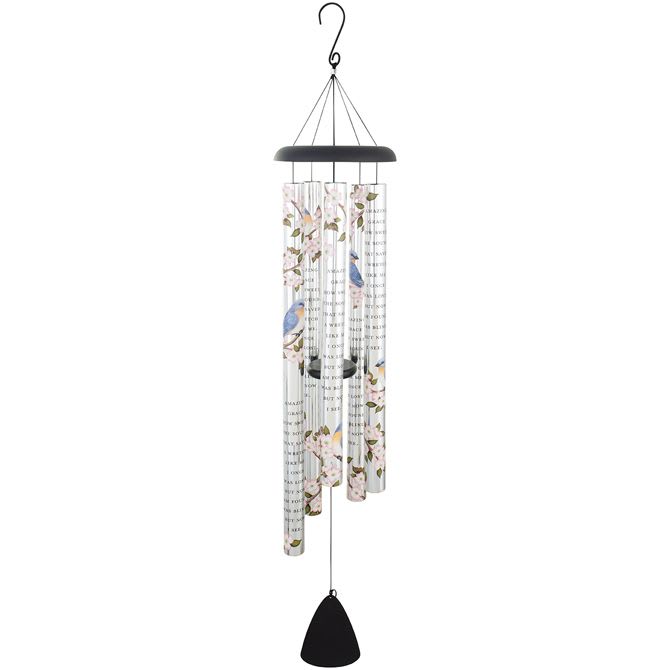 Decorative hanging wind chime with printed tubes and a black clapper