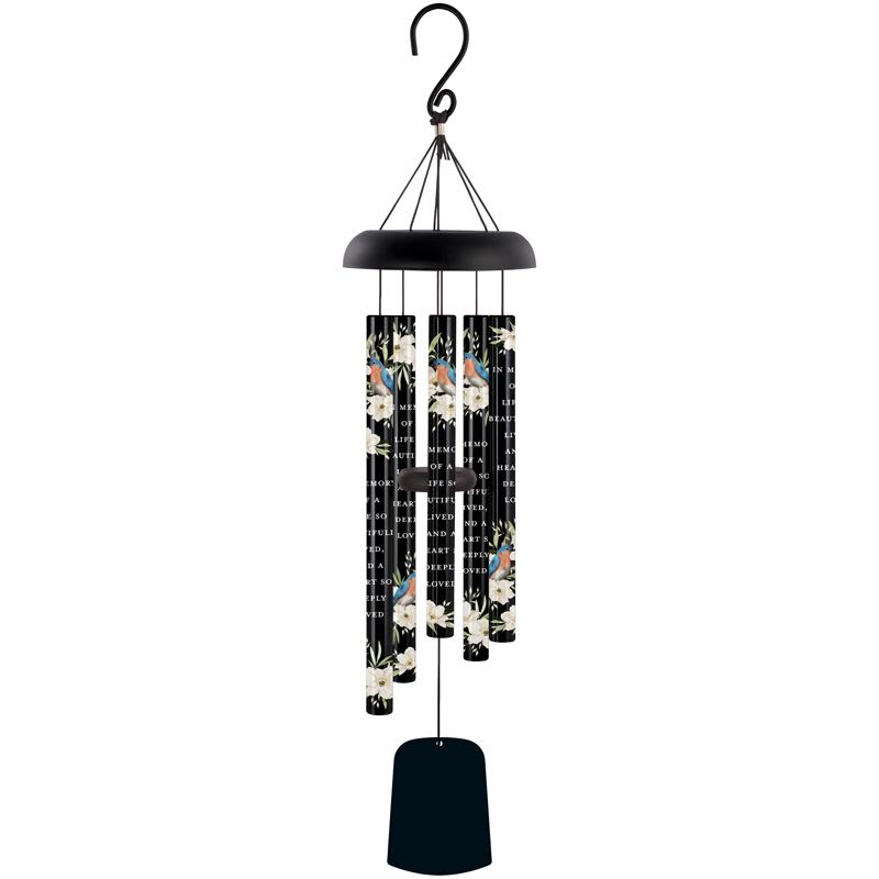 Black memorial wind chime with floral printed tubes and a hanging clapper