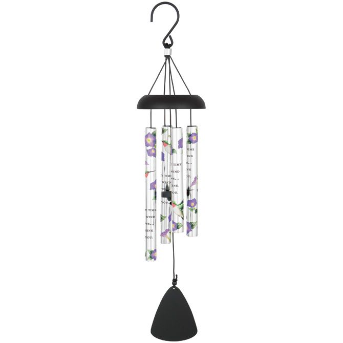 "Think Of You" 21" Picturesque Sonnet Chime - Create a meaningful tribute with this 21" Picturesque Sonnet Wind Chime. Expertly crafted from durable powder-coated aluminum, this memorial chime features UV-printed tubes and industrial-strength cord for lasting beauty and durability. The four heavy-walled tubes produce soft, soothing tones that bring comfort and serenity to any outdoor space.  The adjustable striker allows you to customize the sound, while the heartfelt sentiment serves as a lasting reminder of a loved one:  "Every time the wind blows… I think of you."  Features: - Durable powder-coated aluminum construction - UV-printed tubes with industrial-strength cord - Four heavy-walled tubes for gentle, soothing tones - ¾" diameter tubes - Adjustable striker for customizable sound  Dimensions: - Length: 21" - Width: 4"