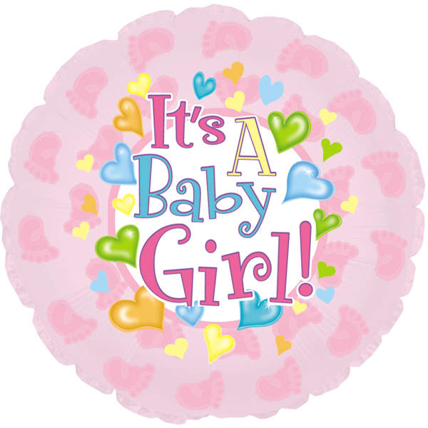 Pink baby girl foil balloon with hearts and footprints