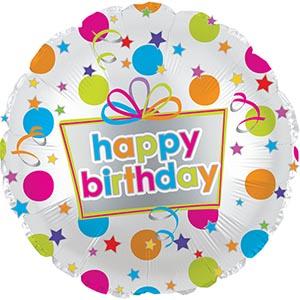 Round birthday balloon with colorful confetti and "happy birthday" text