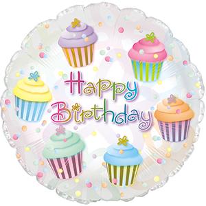 Round birthday balloon with cupcakes and colorful "Happy Birthday" text