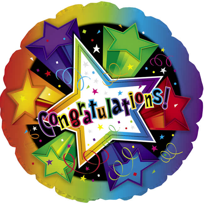 Round multicolor balloon with stars and the word Congratulations