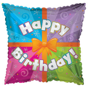 Colorful square birthday balloon with "Happy Birthday" text and a bow graphic
