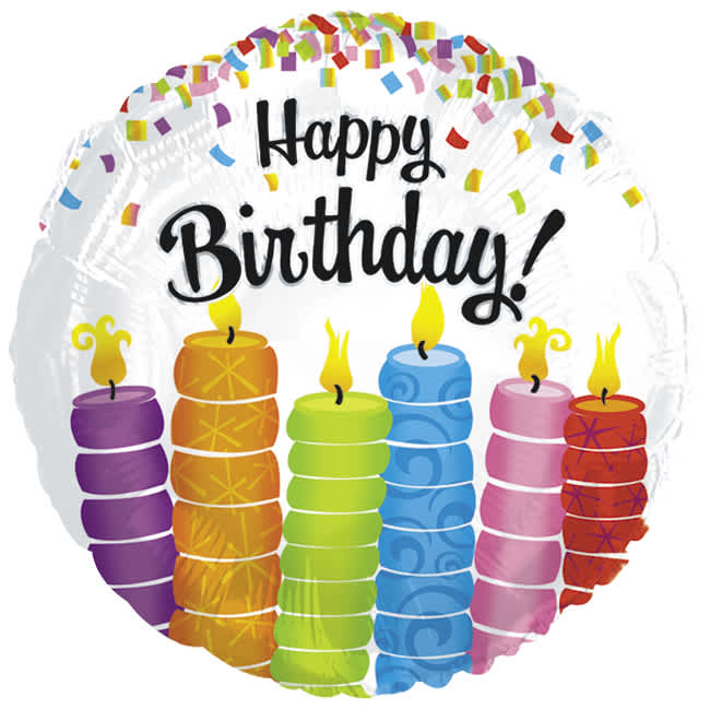 Birthday balloon with colorful candles and confetti