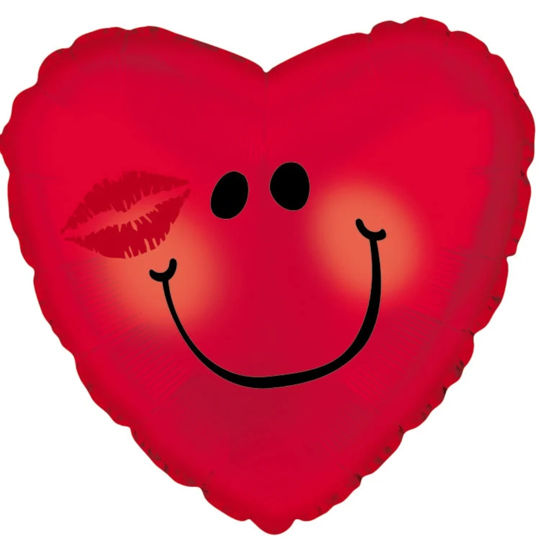 Red heart-shaped balloon with a smiley face and kiss mark