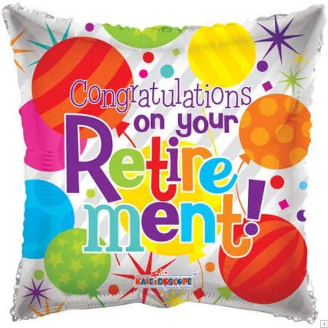 Colorful square balloon with "Congratulations on your Retirement!" text