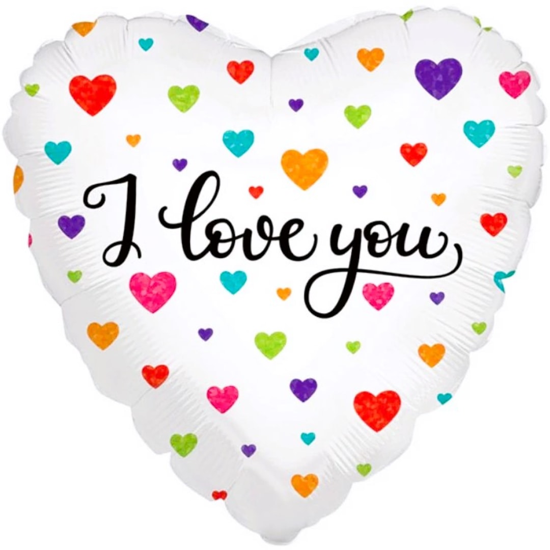Heart-shaped balloon with multicolored hearts and the words "I love you"
