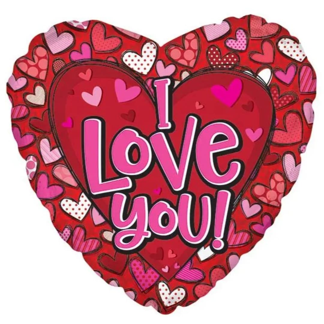 Heart-shaped balloon with "I Love You" text and pink heart pattern