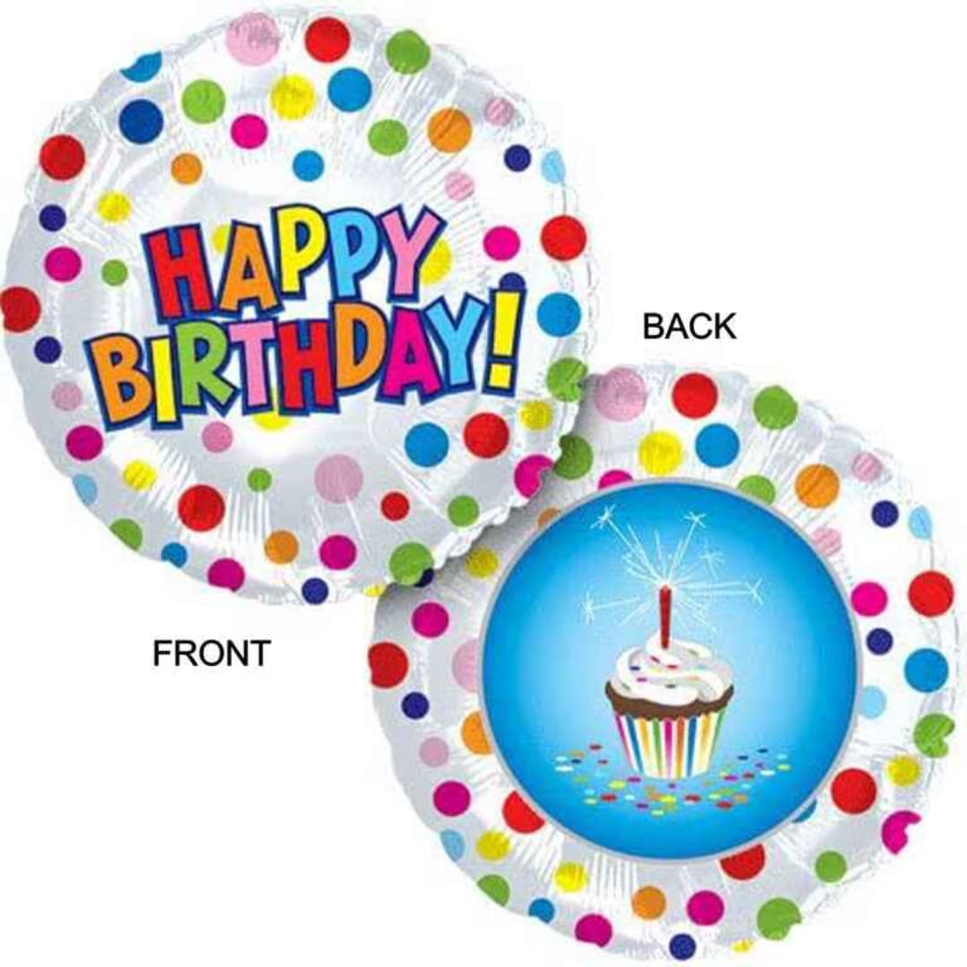 Two birthday balloons with colorful polka dots and cupcake graphics