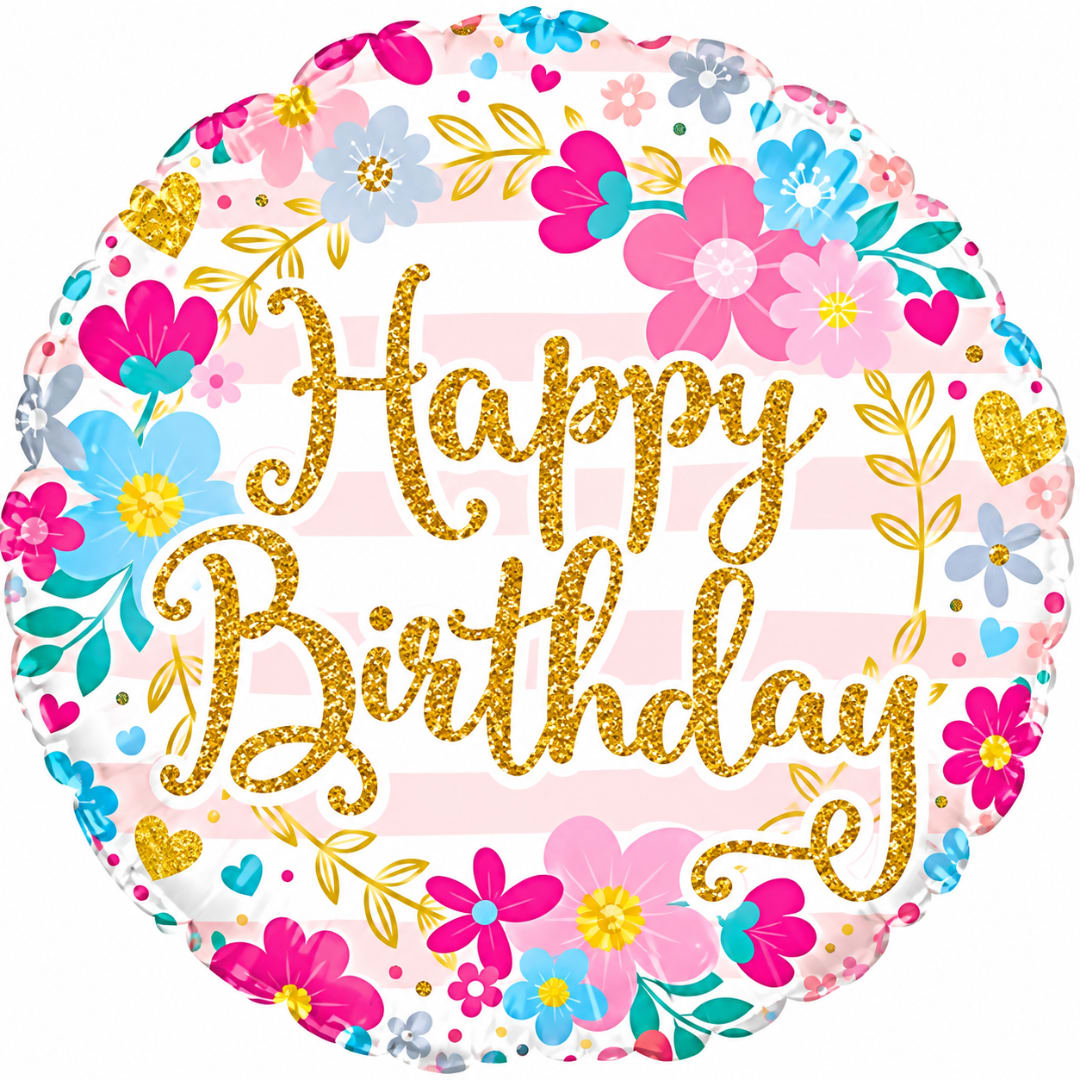 Round floral birthday balloon with gold "Happy Birthday" text