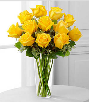 The Yellow Rose Bouquet by FTD® - Sunny yellow roses are a cheery and wonderful gift. Celebrate a birthday, anniversary, graduation or any occasion with this lively bouquet of roses with seeded eucalyptus in a clear glass vase. GOOD bouquet is approximately 19"H x 15"W. Your purchase includes a complimentary personalized gift message.