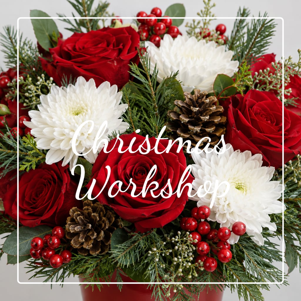 Red roses and white chrysanthemums in a holiday arrangement with pinecones