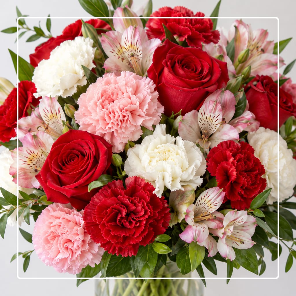 Bouquet of red roses, pink and white carnations, and alstroemeria in a vase