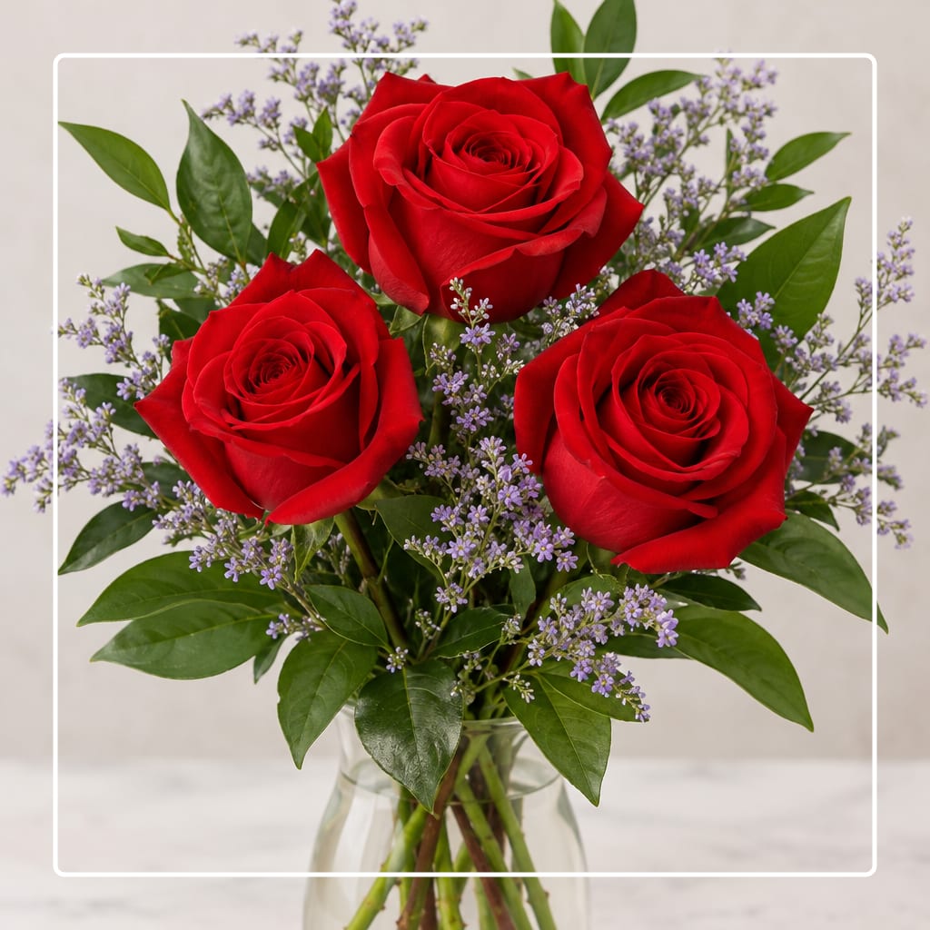 Three red roses with purple filler in a clear glass vase
