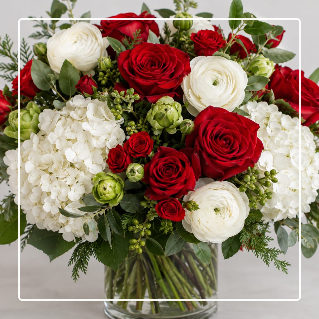 Red roses and white ranunculus in a clear glass vase
