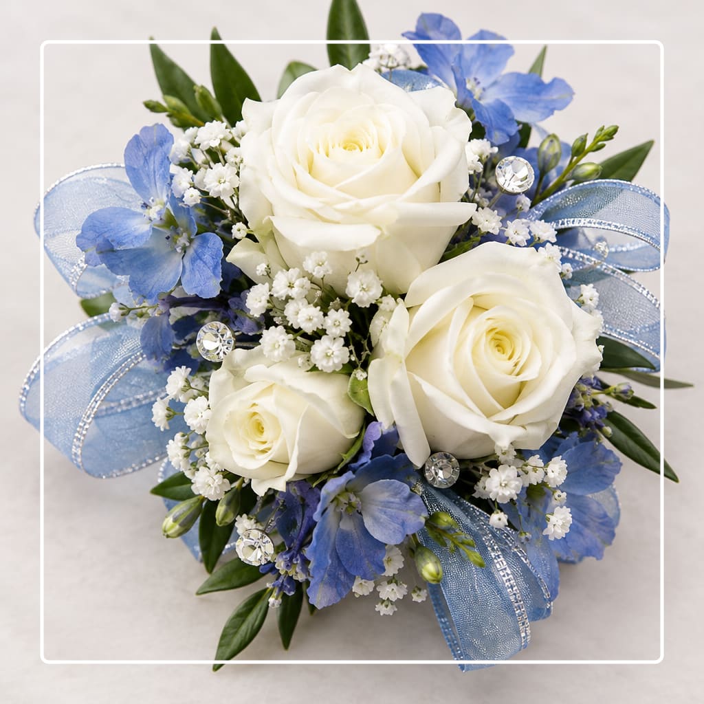 White roses with blue flowers and ribbon in a compact bouquet