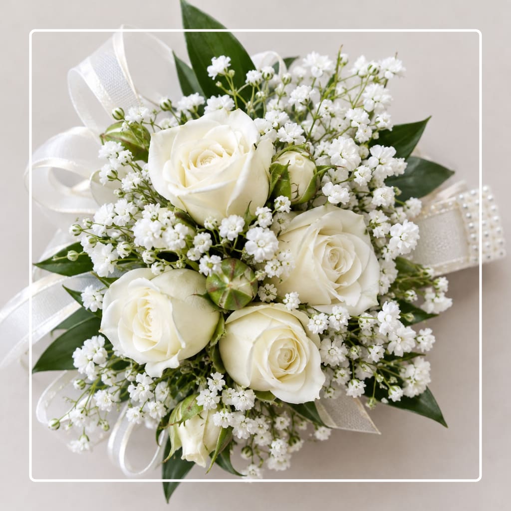 White rose bouquet with baby's breath and ribbon