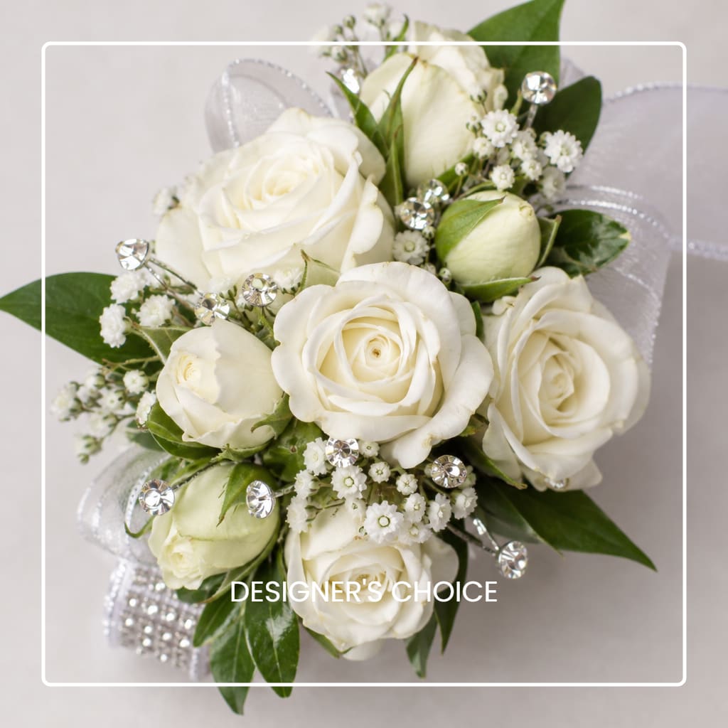 White rose bouquet with baby's breath and silver ribbon accents