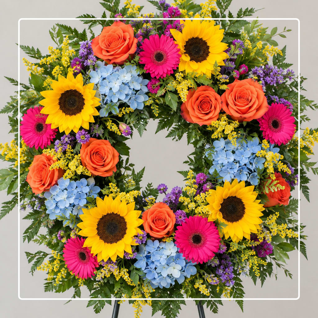 Colorful floral wreath with sunflowers, roses, gerbera daisies, and blue hydrangea