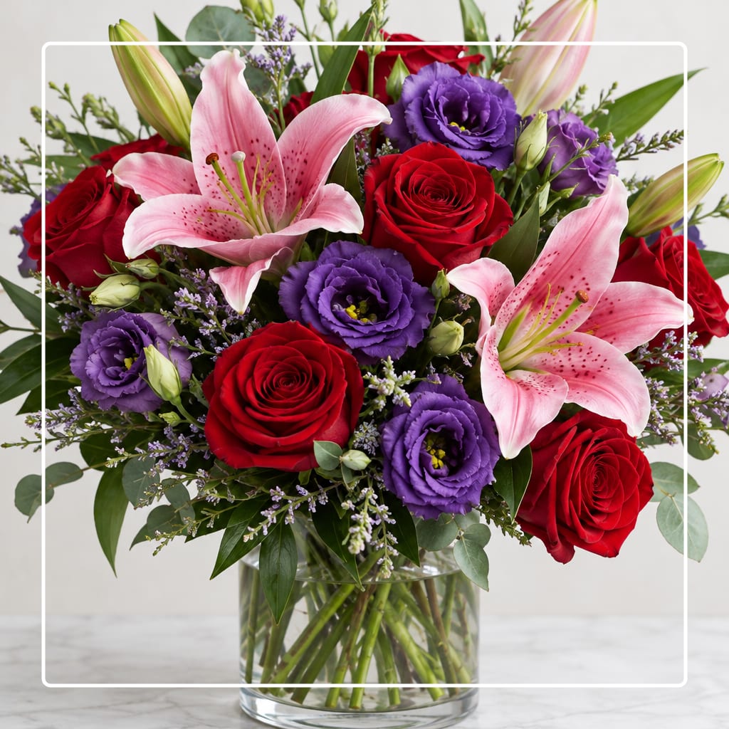 Bouquet of red roses, pink lilies, and purple blooms in a glass vase
