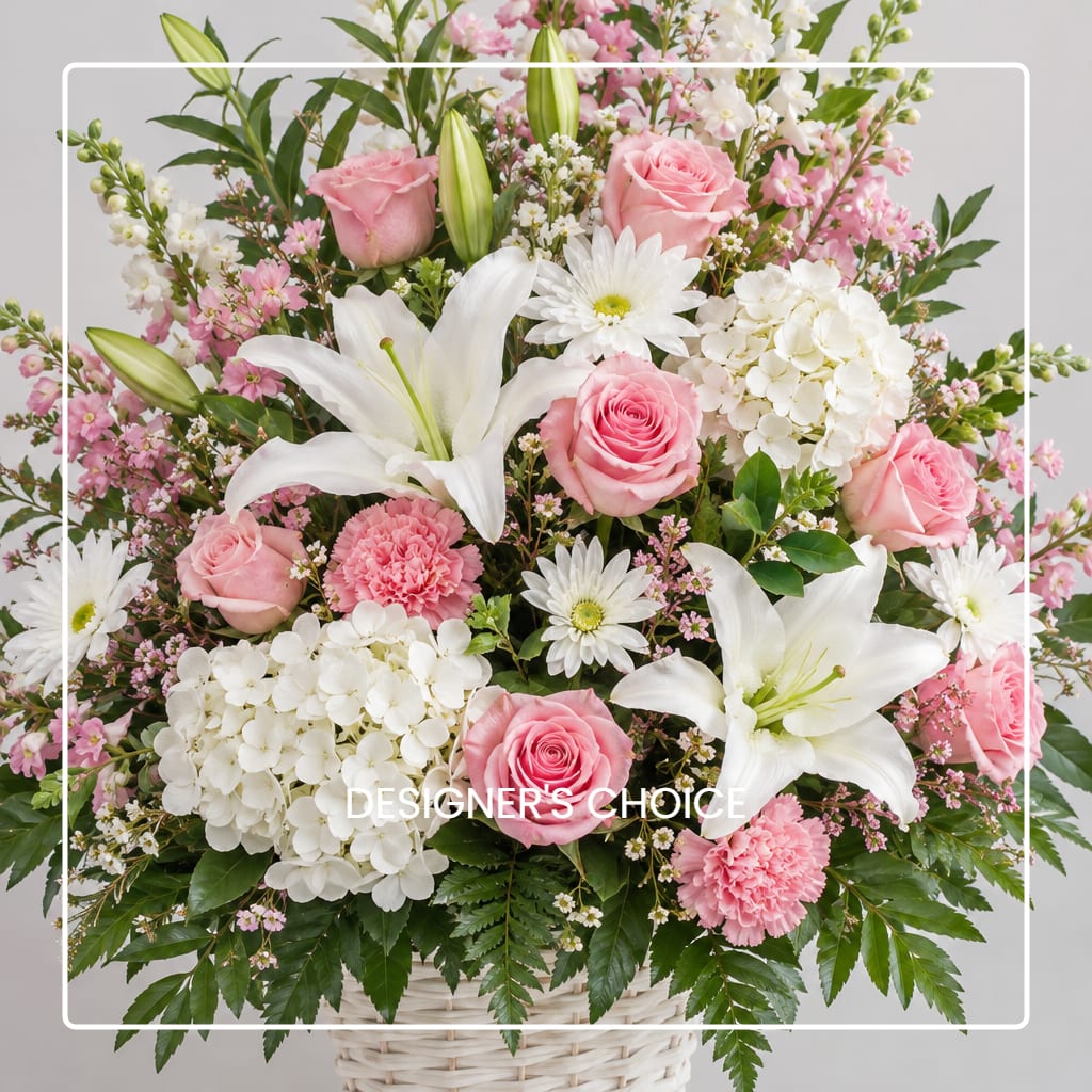 Pink roses and white lilies in a white basket with mixed blooms