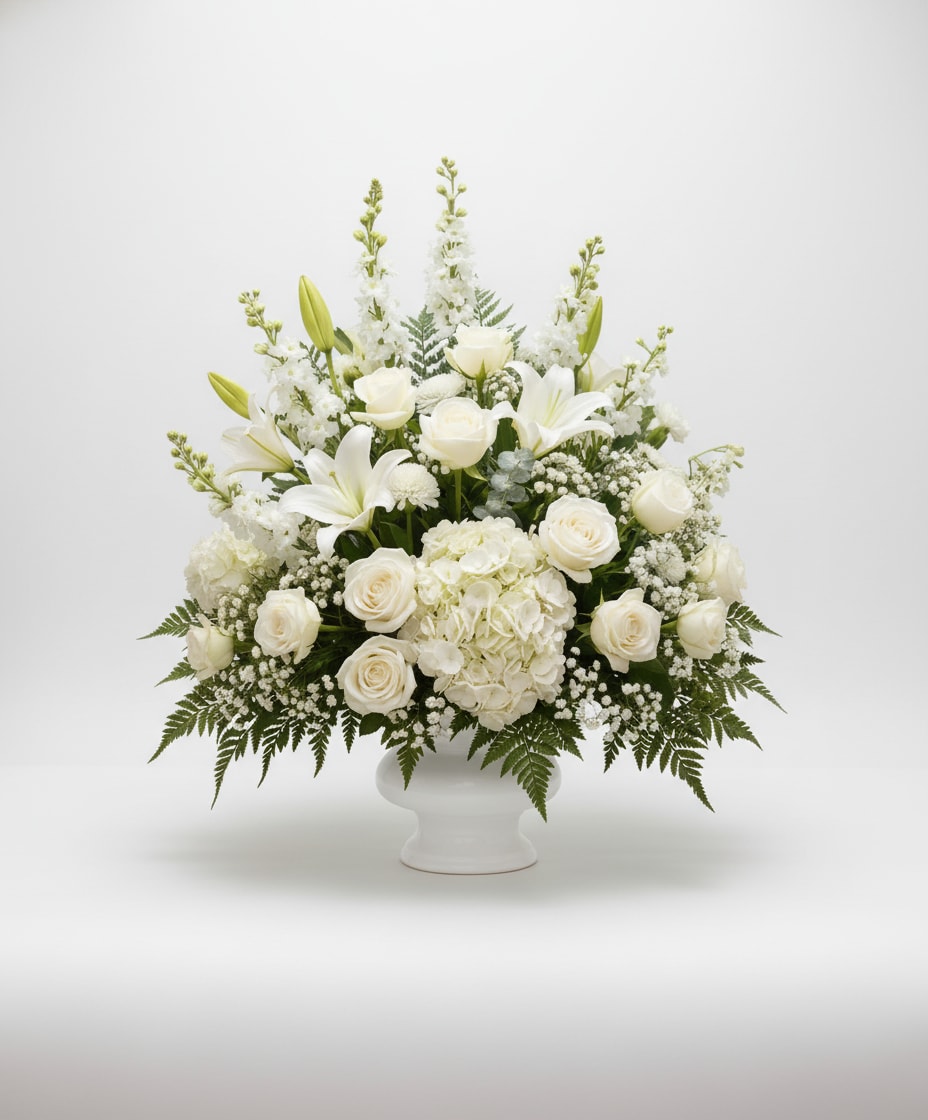 White floral arrangement in a white pedestal vase with roses and lilies
