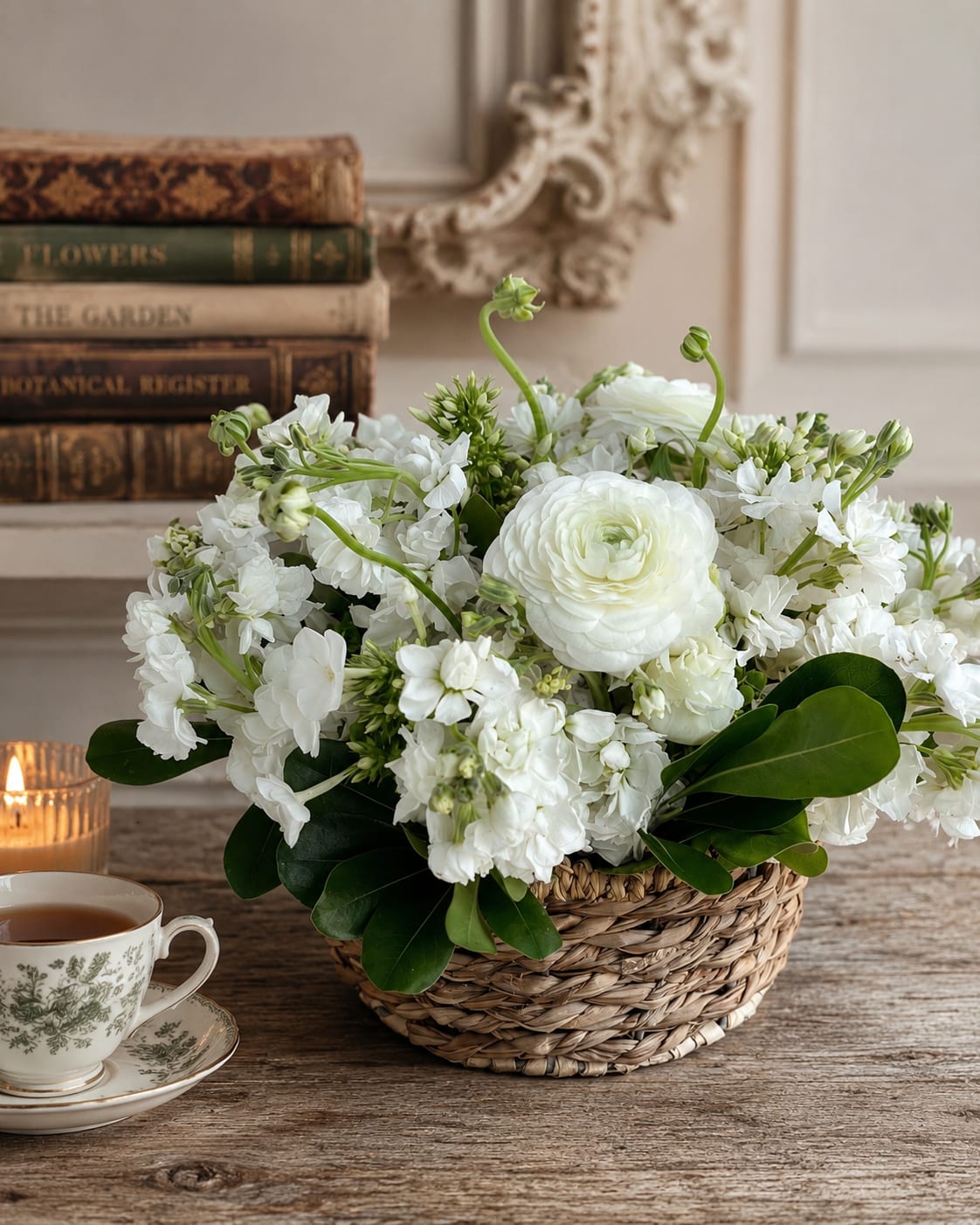 White flowers arranged in a woven basket with glossy green leaves